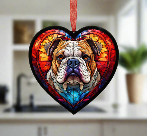 Bulldog Stained Glass Effect Heart Suncatcher